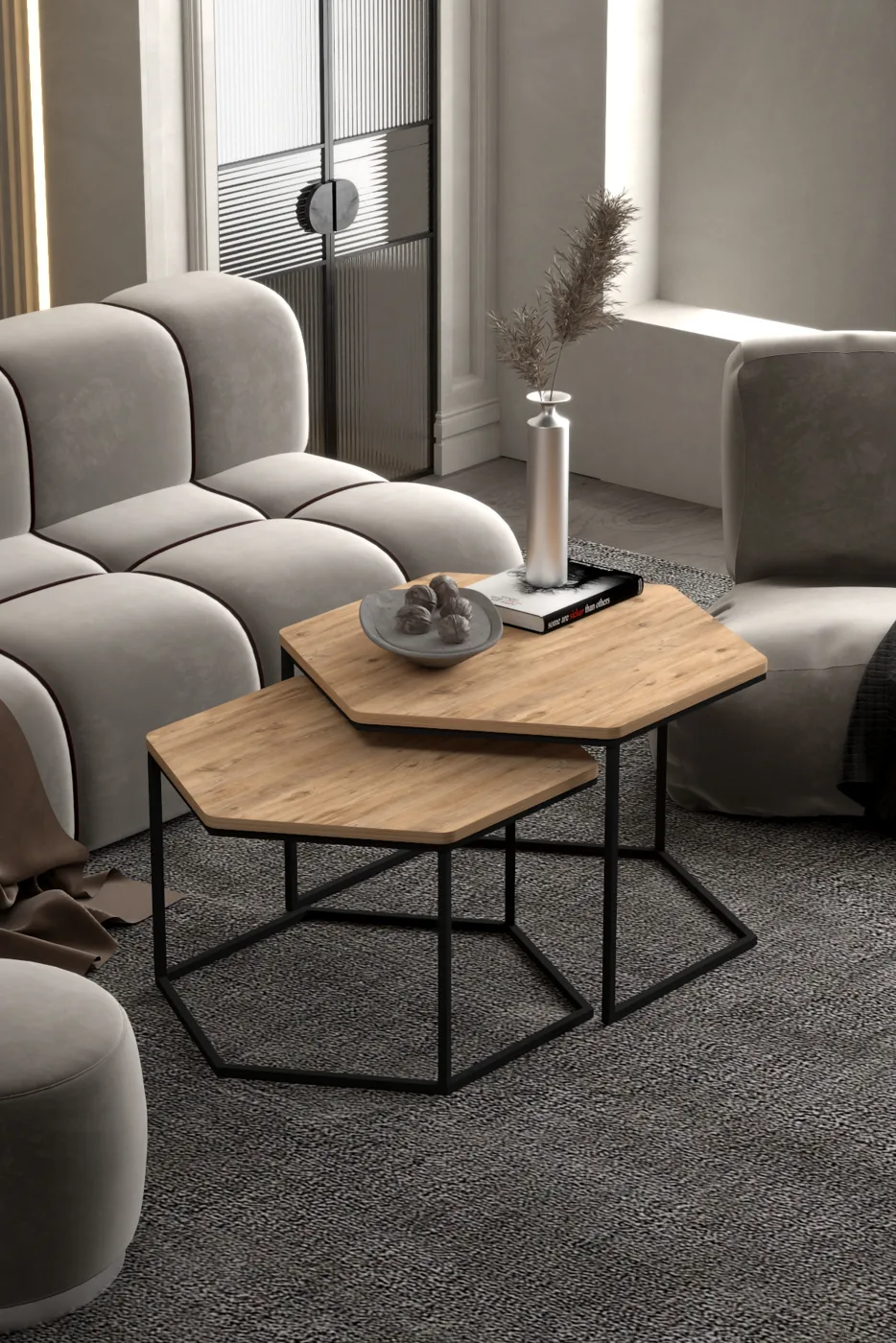 Hexagonal 2-Piece Coffee Table Melamine-faced Chipboard Brown