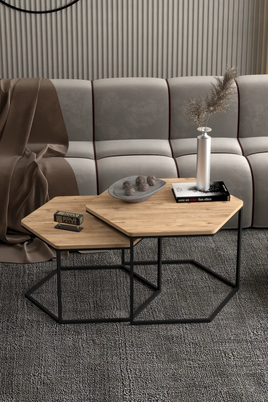 Hexagonal 2-Piece Coffee Table Melamine-faced Chipboard Brown