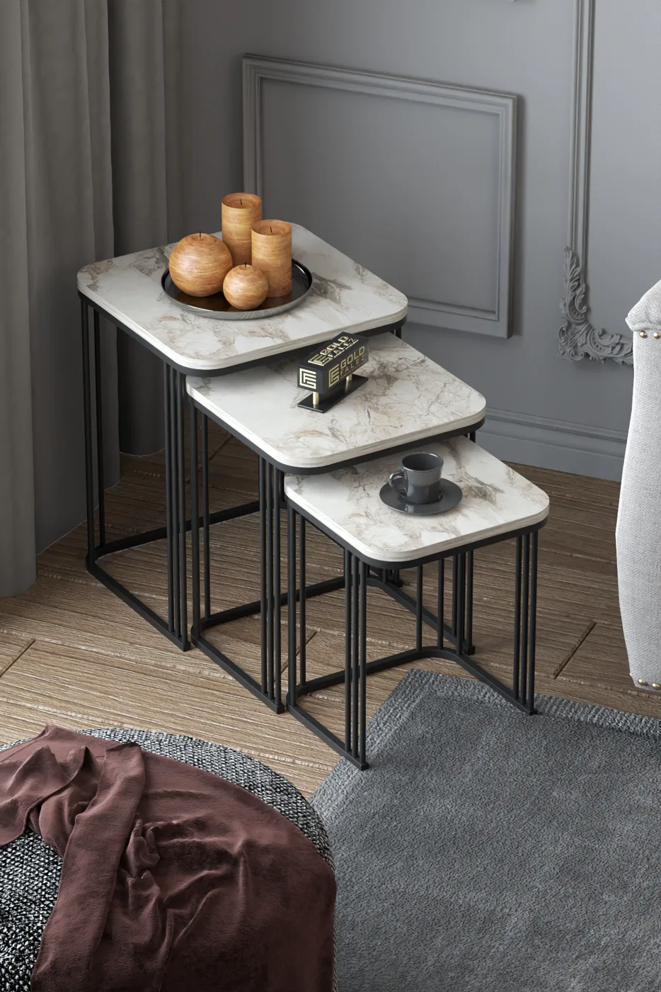 Alize 3-delige mimisettafelset melamine spaanplaat wit marmerlook