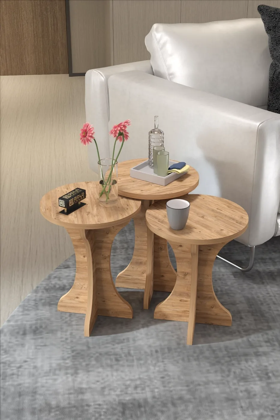 Mushroom Legged 3-Piece Nesting Table Set Melamine-faced chipboard Brown