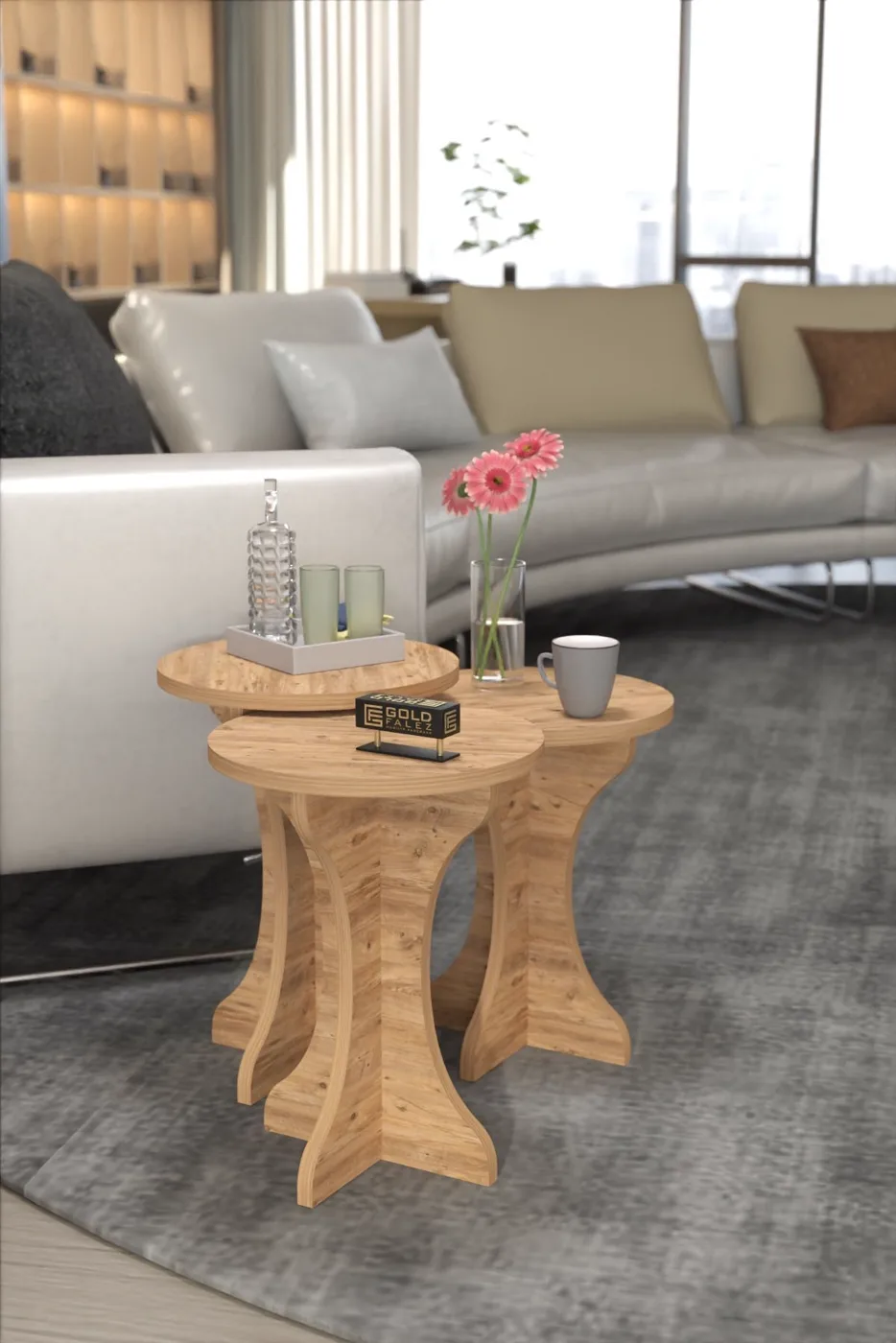 Mushroom Legged 3-Piece Nesting Table Set Melamine-faced chipboard Brown