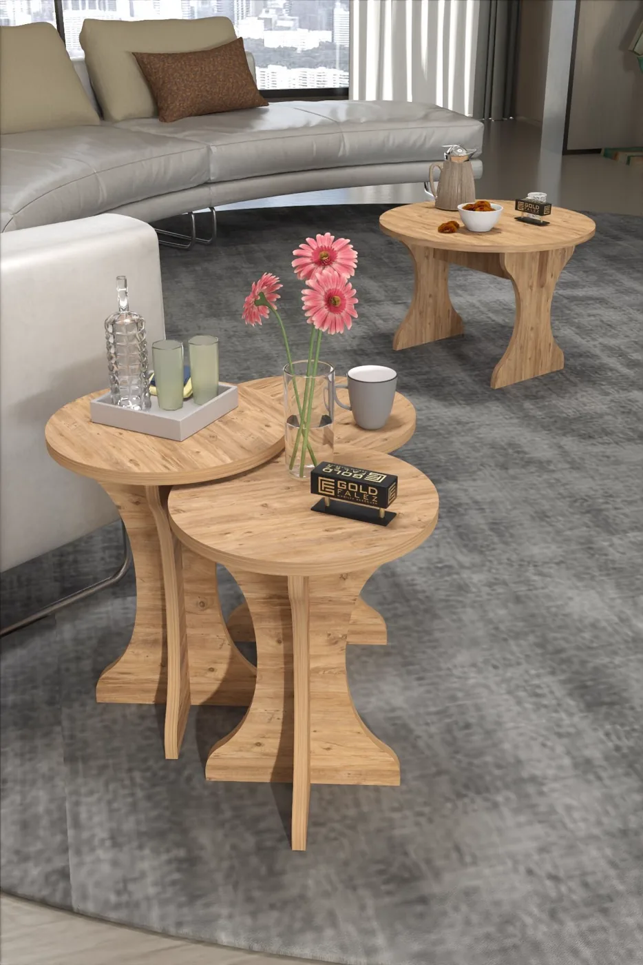 Mushroom Legged 3-Piece Nesting Table Set Melamine-faced chipboard Brown