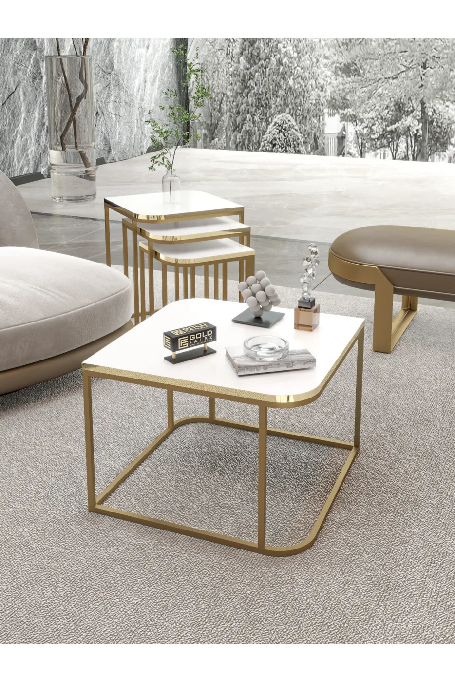 Damla Couchtisch- und Satztisch-Set melaminbeschichtete Spanplatte Weiß Gold