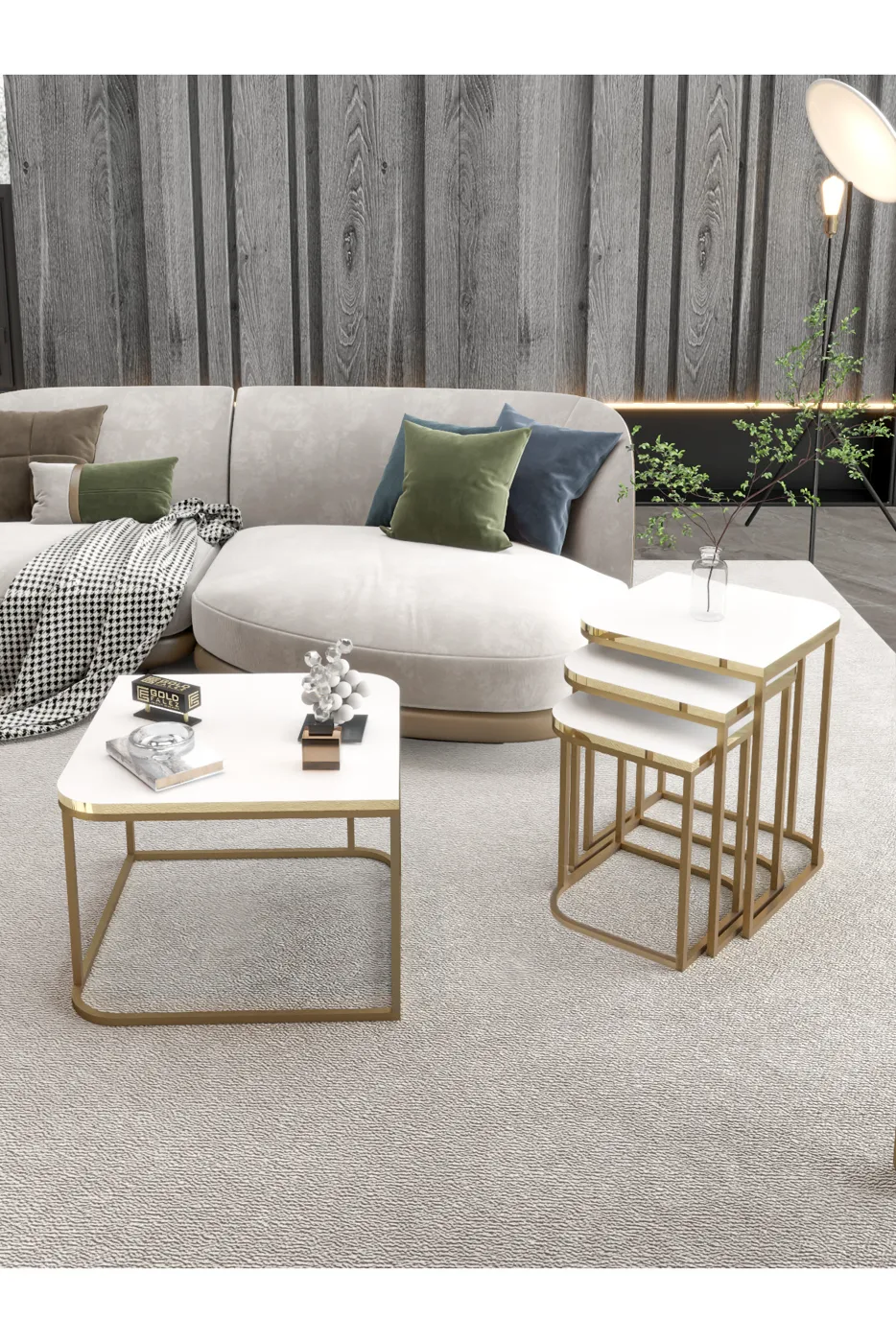 Damla Couchtisch- und Satztisch-Set melaminbeschichtete Spanplatte Weiß Gold