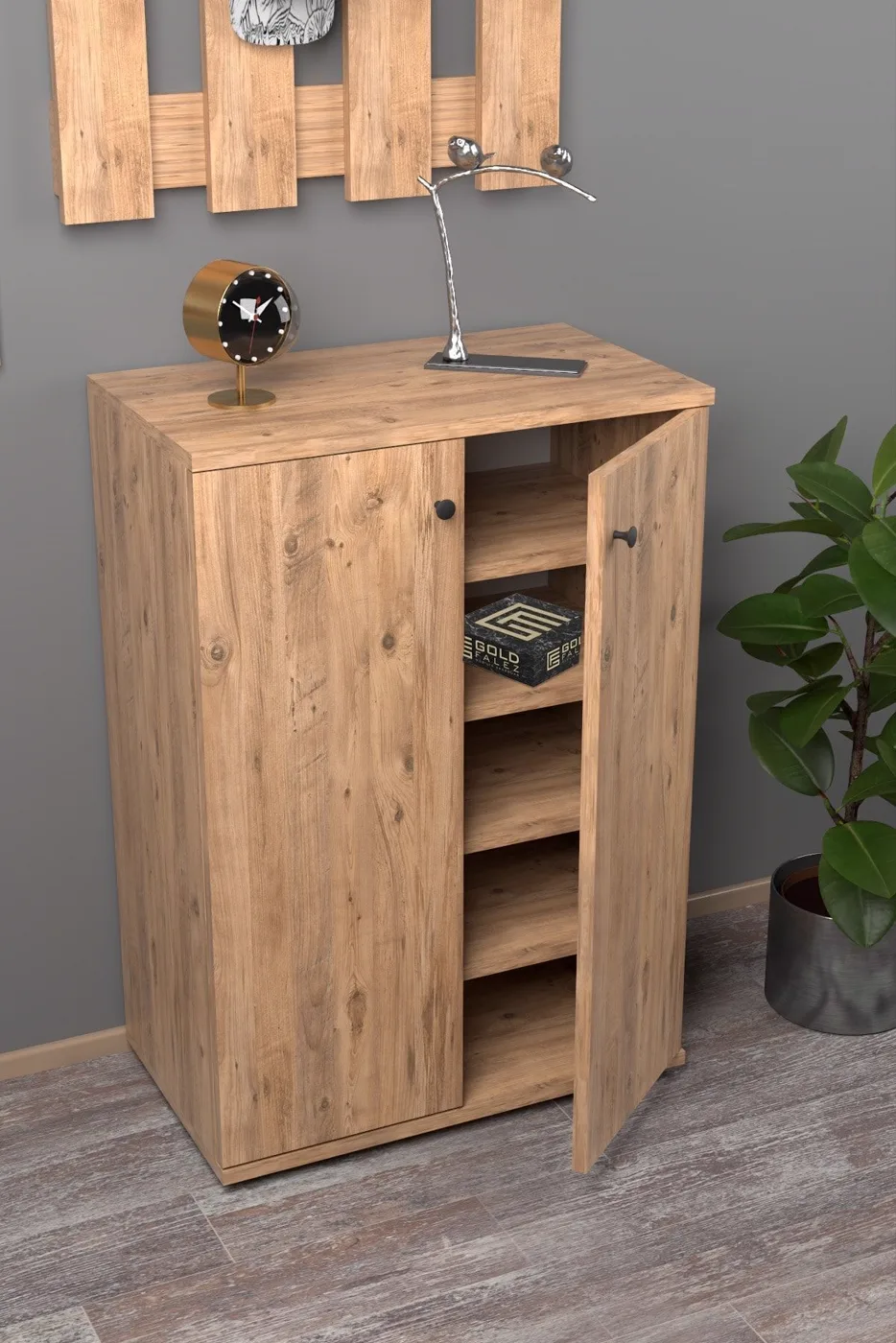 2-Door 5-Compartment Multi-Purpose Shoe Cabinet Walnut