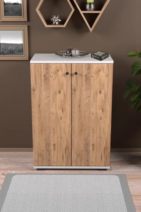 2-Door 5-Compartment Multi-Purpose Shoe Cabinet Pine White