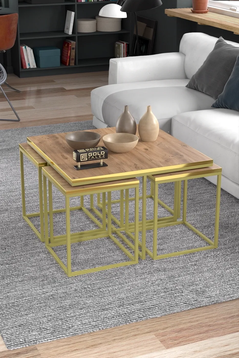Gold Metal Frame 5-Piece Coffee Table Set Walnut