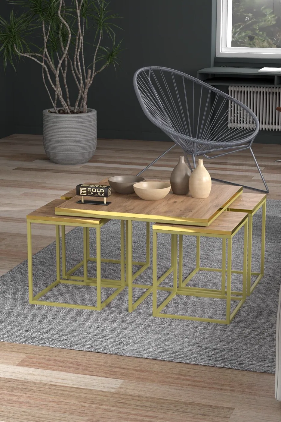 Gold Metal Frame 5-Piece Coffee Table Set Walnut