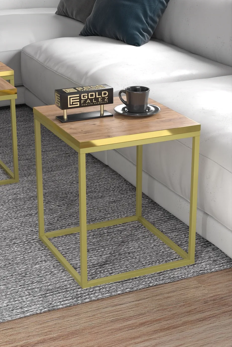 Gold Metal Frame 5-Piece Coffee Table Set Walnut