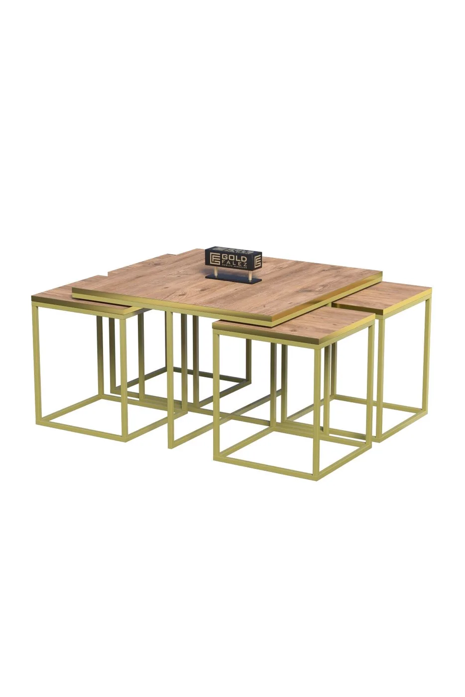 Gold Metal Frame 5-Piece Coffee Table Set Walnut