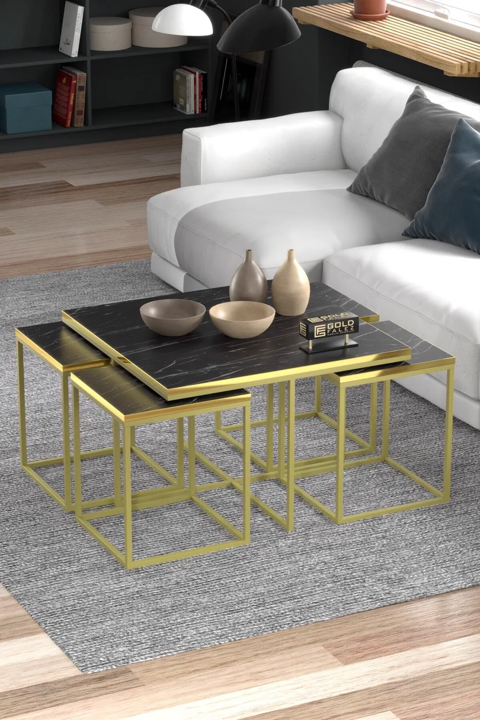 Gold Metal Frame 5-Piece Coffee Table Set Melamine-faced Chipboard Bendir Black