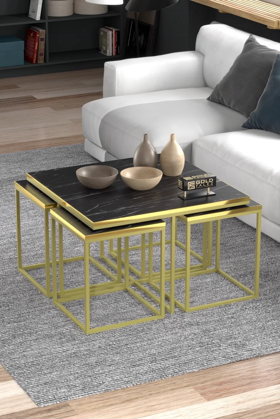 Gold Metal Frame 5-Piece Coffee Table Set Melamine-faced Chipboard Bendir Black