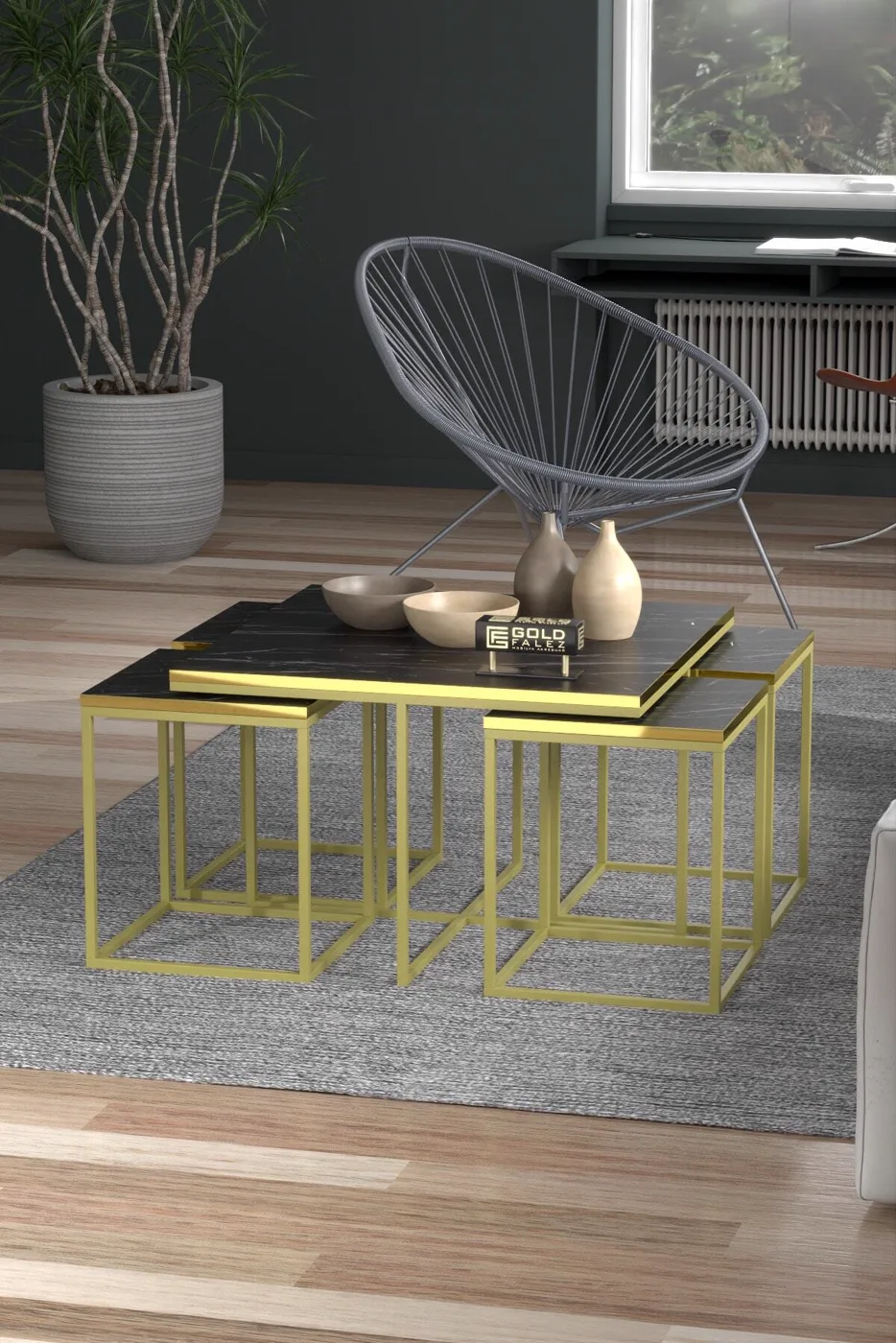 Gold Metal Frame 5-Piece Coffee Table Set Melamine-faced Chipboard Bendir Black