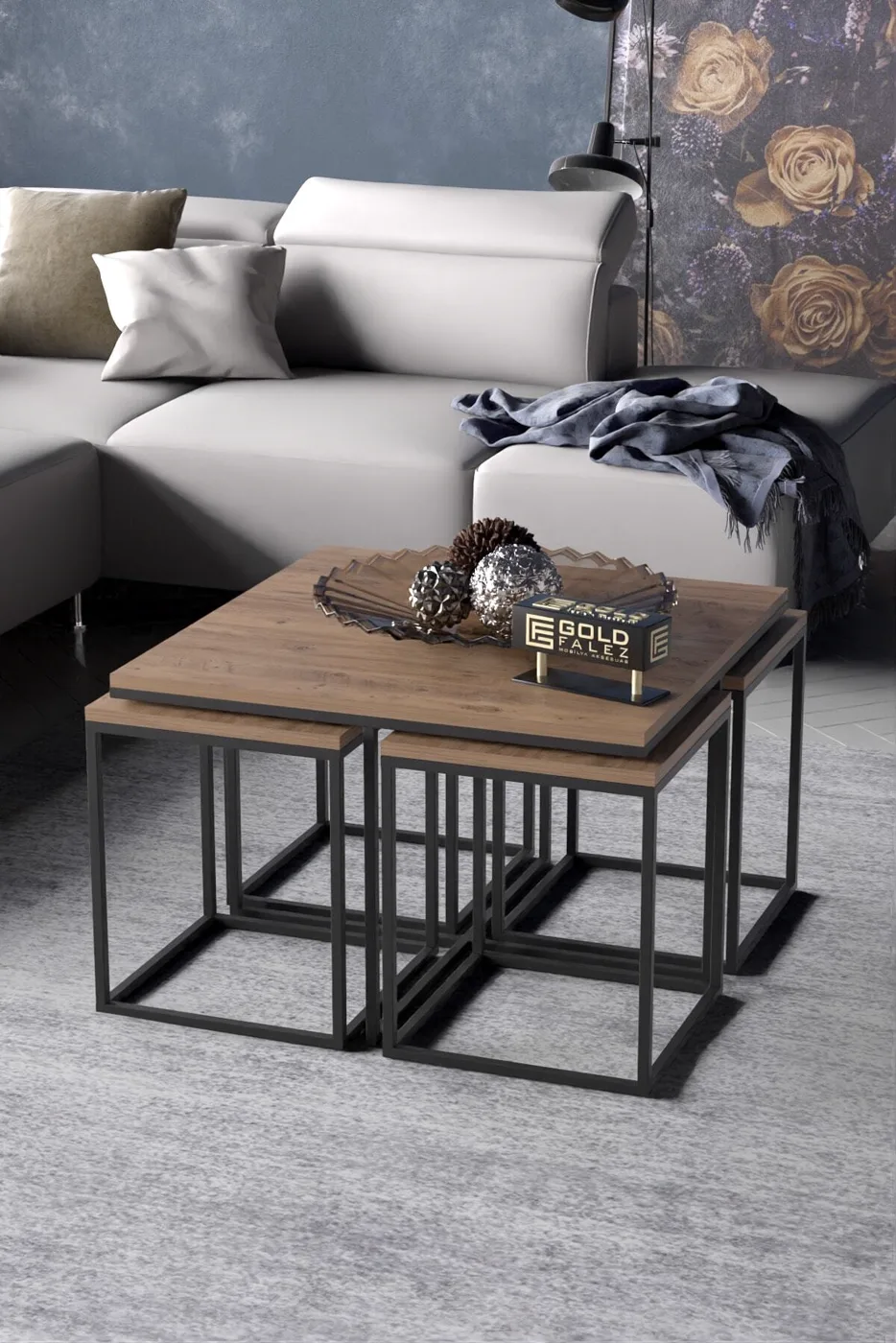 Gold Metal Frame 5-Piece Coffee Table Set Melamine-faced Chipboard Walnut