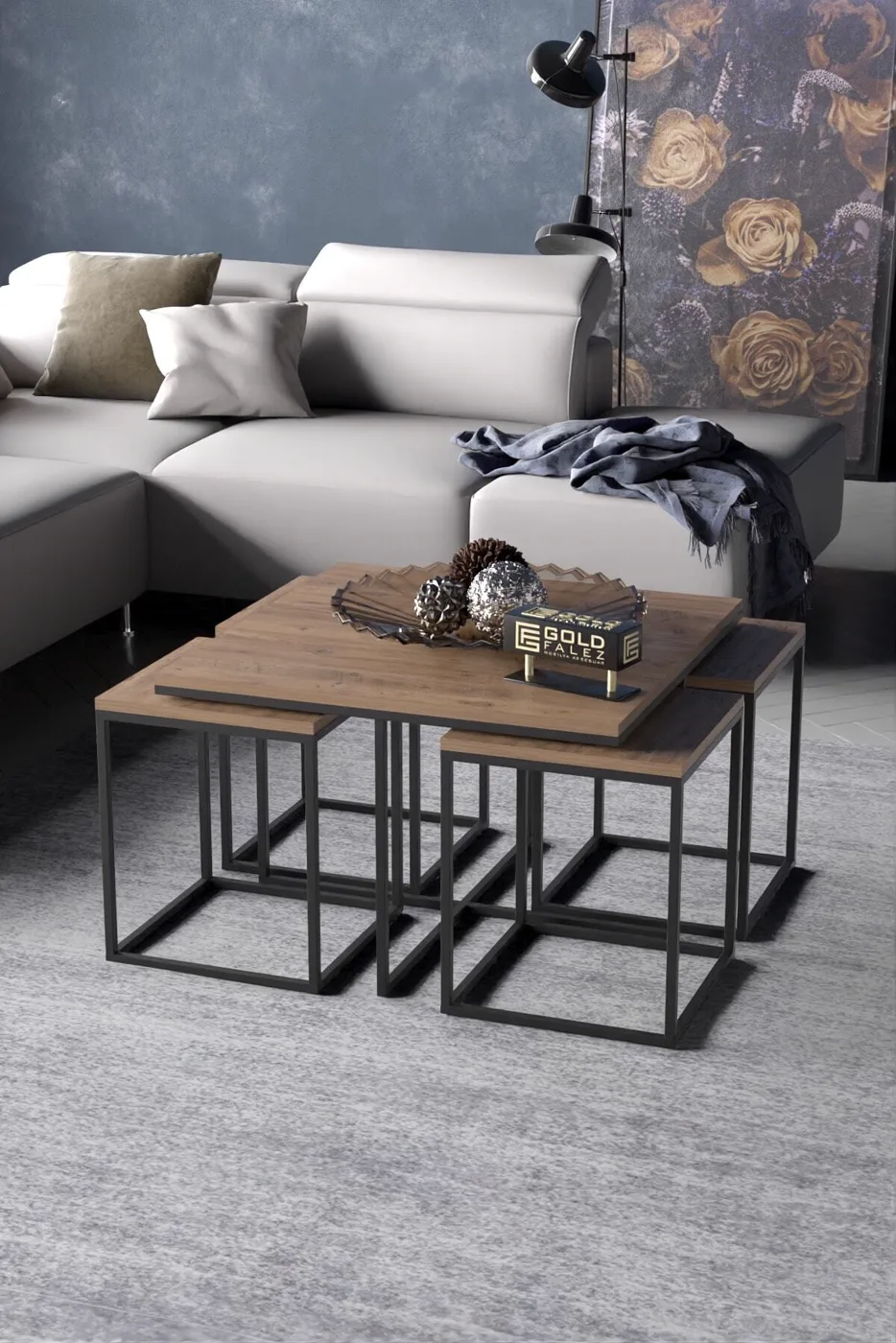 Gold Metal Frame 5-Piece Coffee Table Set Melamine-faced Chipboard Walnut