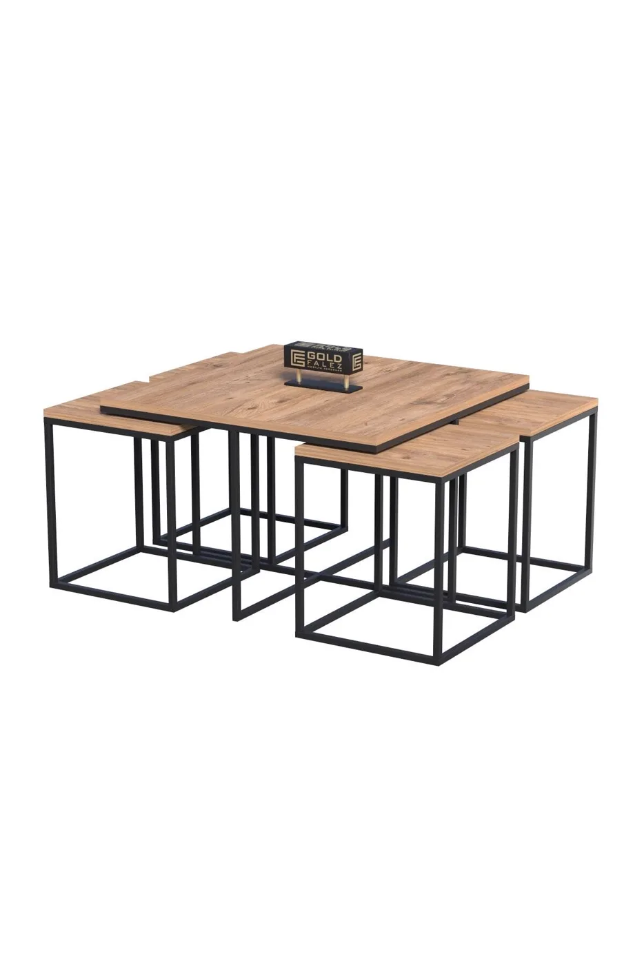 Gold Metal Frame 5-Piece Coffee Table Set Melamine-faced Chipboard Walnut