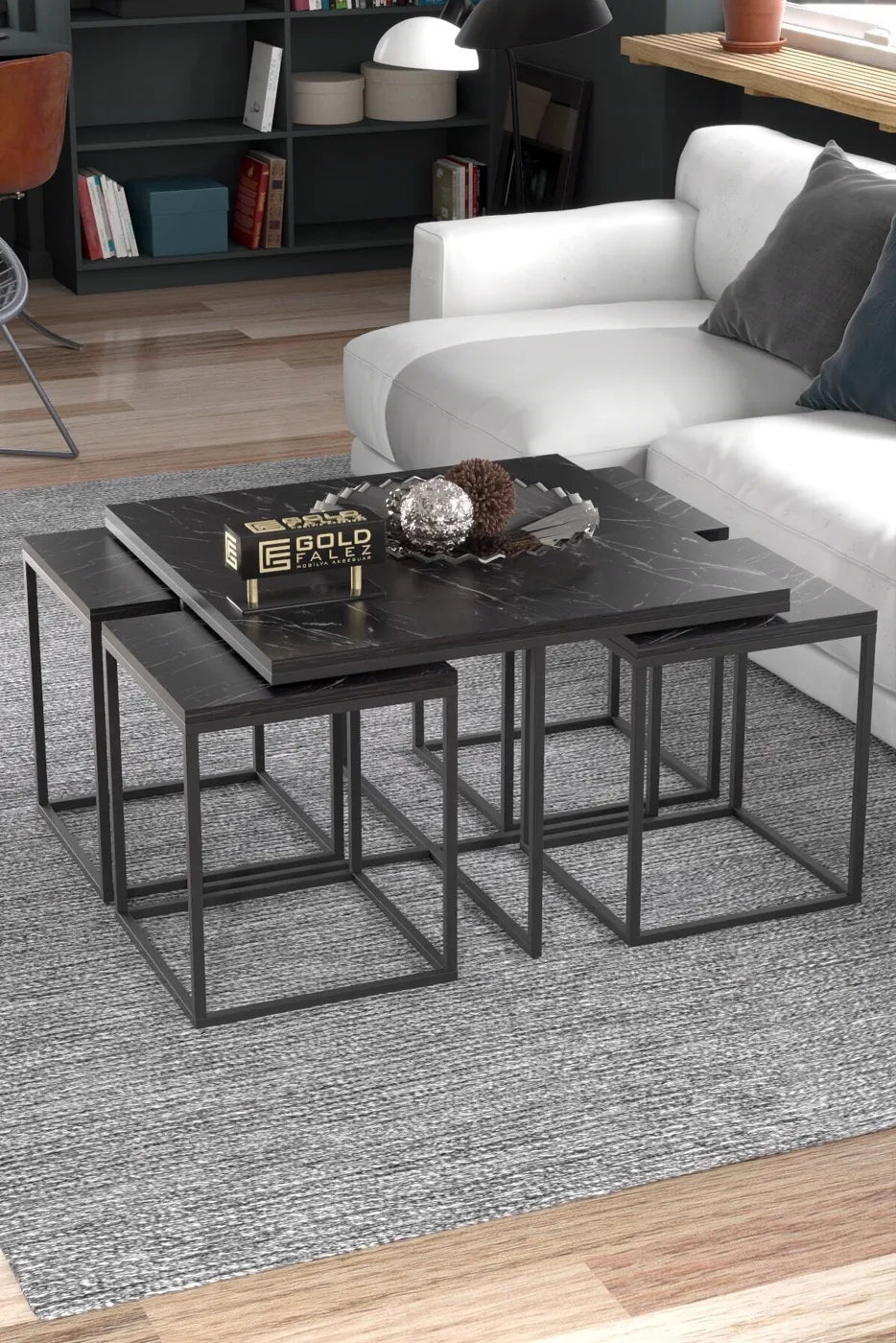 Gold Metal Frame 5-Piece Coffee Table Set Melamine-faced chipboard Bendir Black