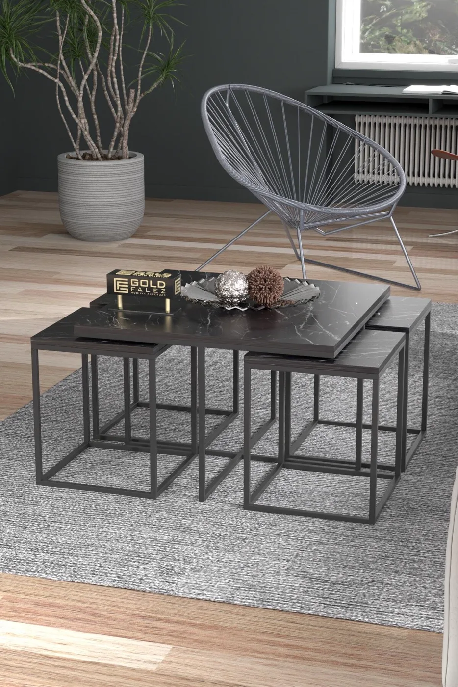 Gold Metal Frame 5-Piece Coffee Table Set Melamine-faced chipboard Bendir Black