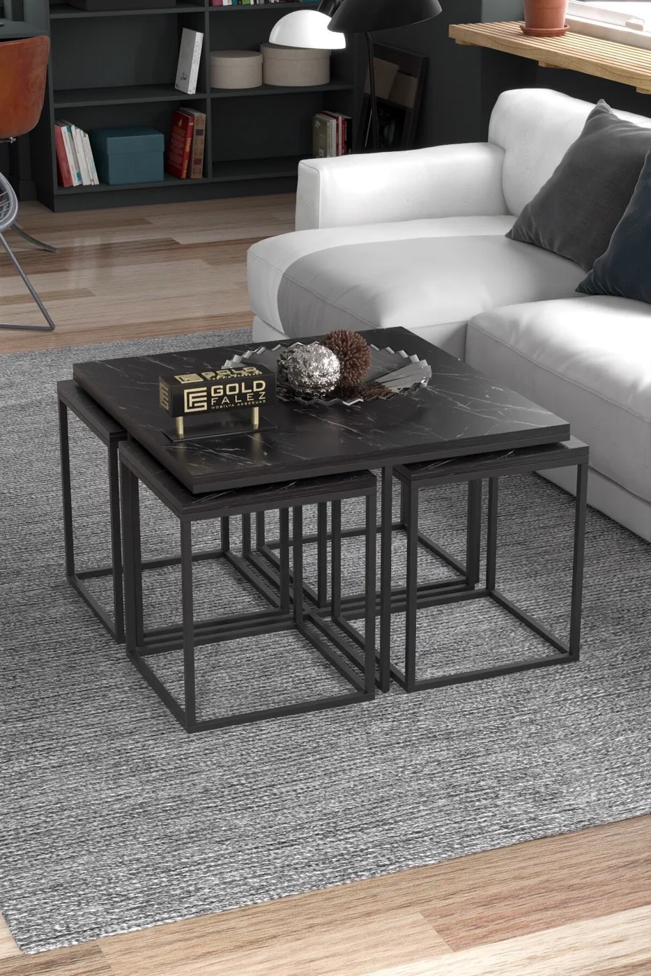 Gold Metal Frame 5-Piece Coffee Table Set Melamine-faced chipboard Bendir Black