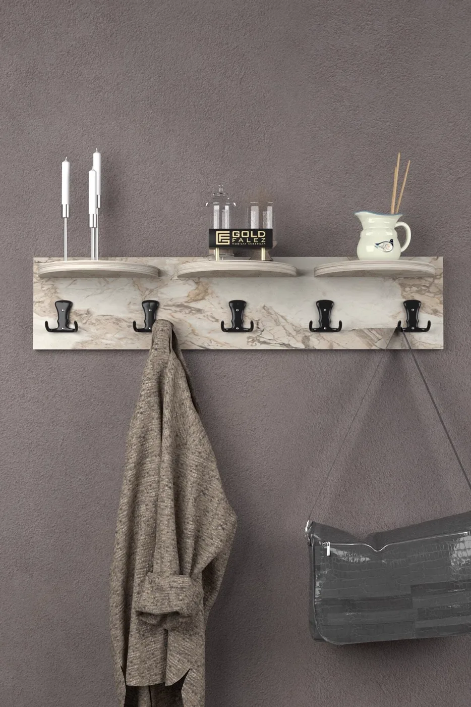 Ilkal 5-Piece Wall Hanger Coat Rack, Melamine-faced Chipboard, Efes White