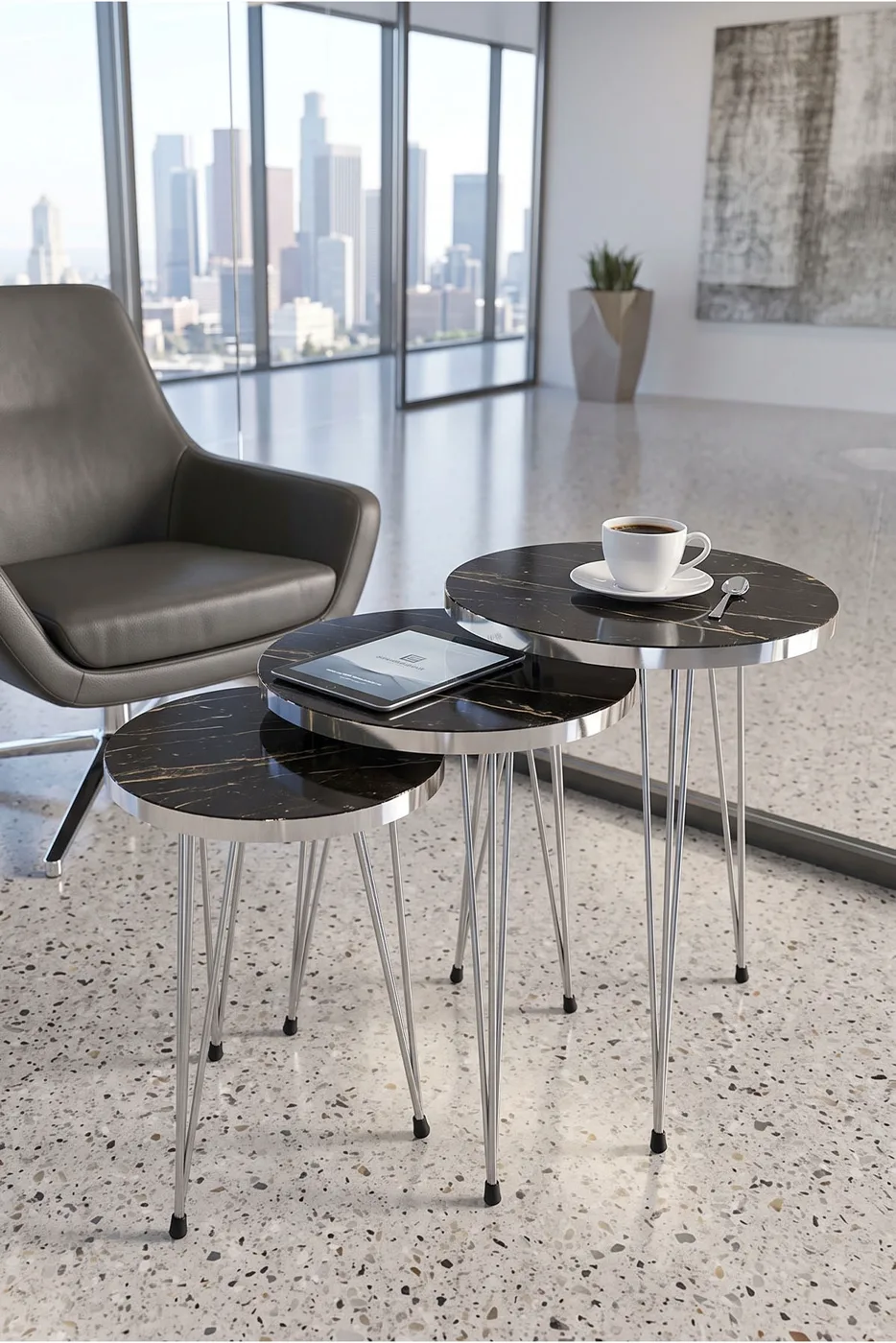 Silver Metal Wire Leg 3-Piece Nesting Table Set Melamine-faced chipboard Bendir Black