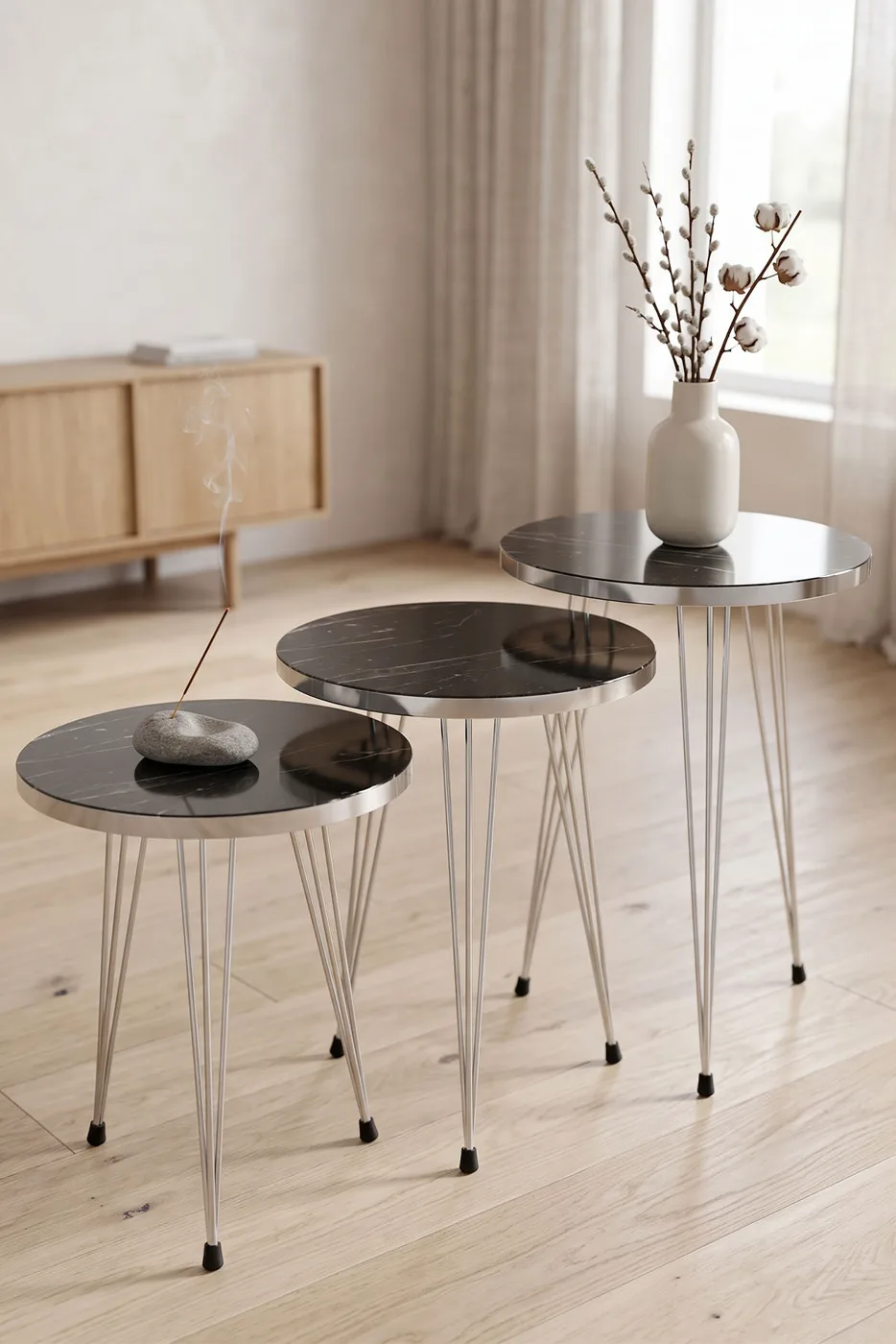 Silver Metal Wire Leg 3-Piece Nesting Table Set Melamine-faced chipboard Bendir Black