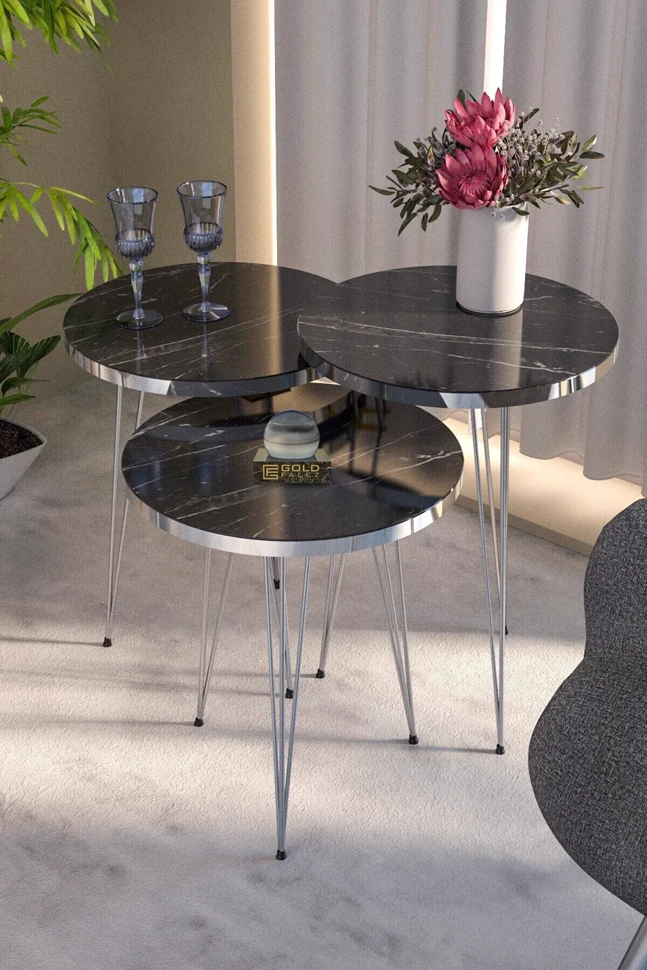 Silver Metal Wire Leg 3-Piece Nesting Table Set Melamine-faced chipboard Bendir Black