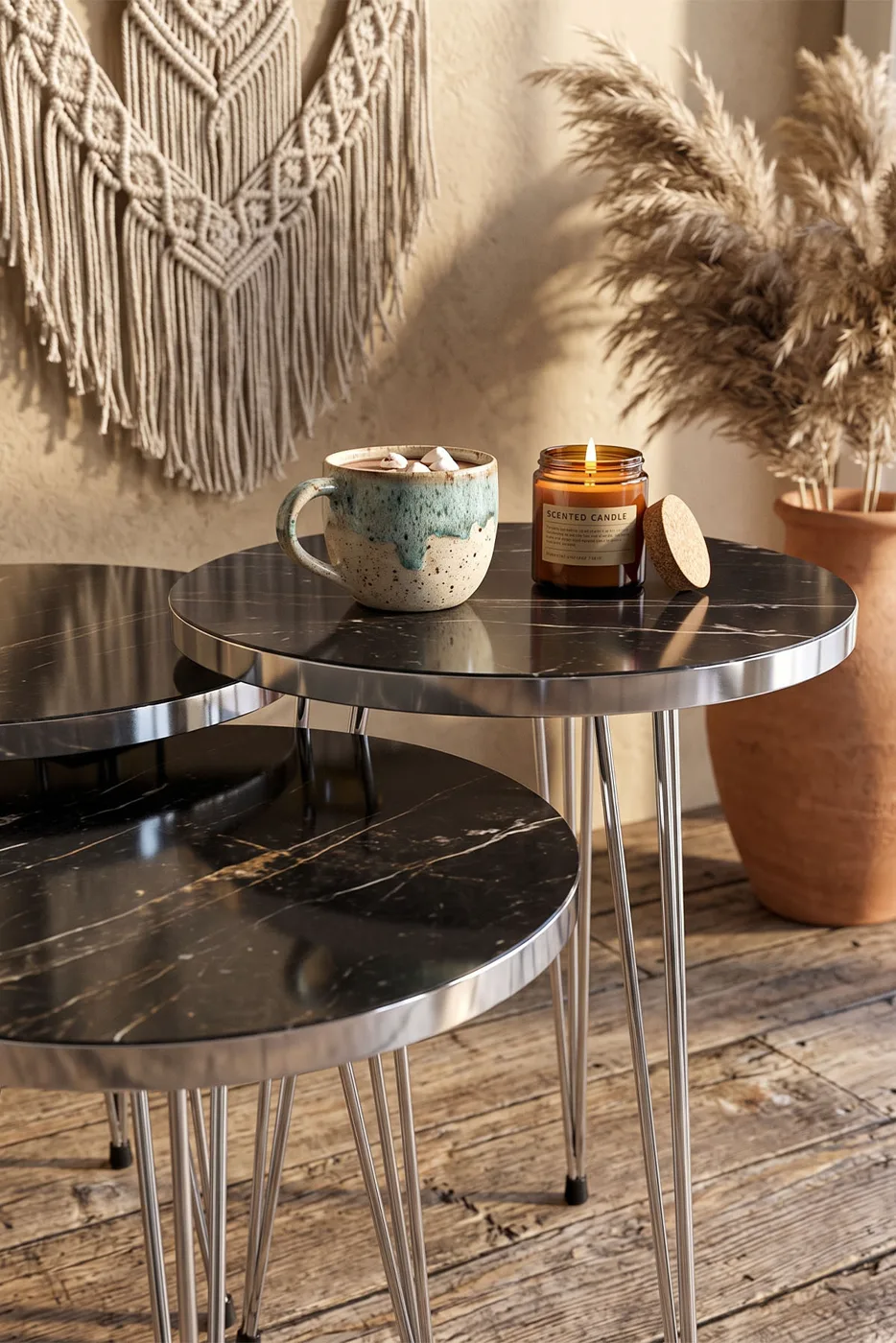 Silver Metal Wire Leg 3-Piece Nesting Table Set Melamine-faced chipboard Bendir Black