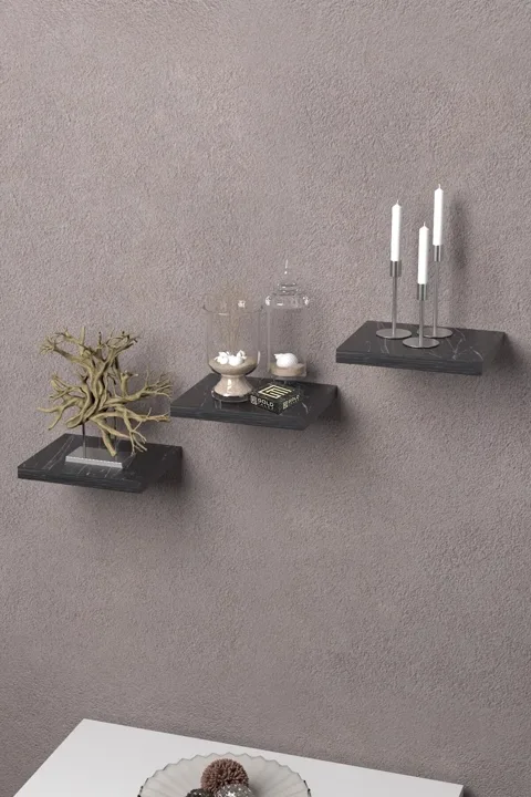 3-Piece Square Wall Shelf Plant Pot Holder Bookcase Black Marble Pattern