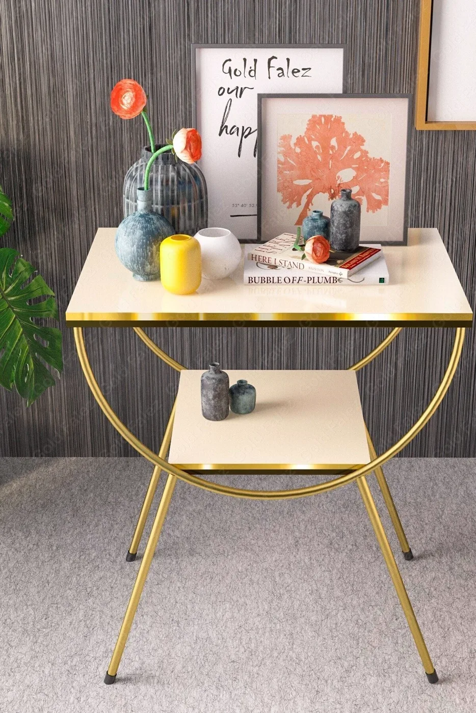 Gold Metal Leg Side Table Bedside Table Melamine-faced chipboard Cream Beige