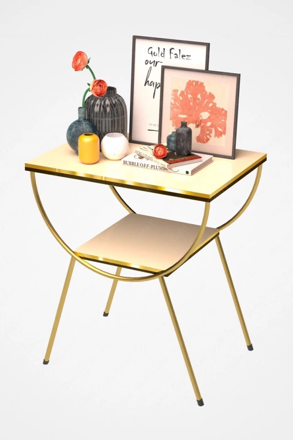 Gold Metal Leg Side Table Bedside Table Melamine-faced chipboard Cream Beige
