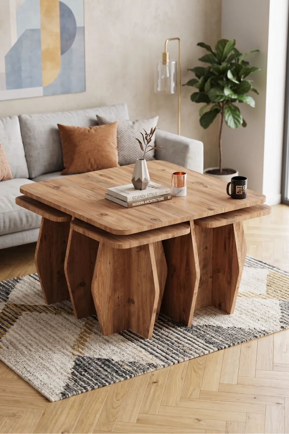 Coffee Table and Nesting Table 5-Piece Set Modern Multi-purpose Living Room Side Table 9248 Atlantic Pine