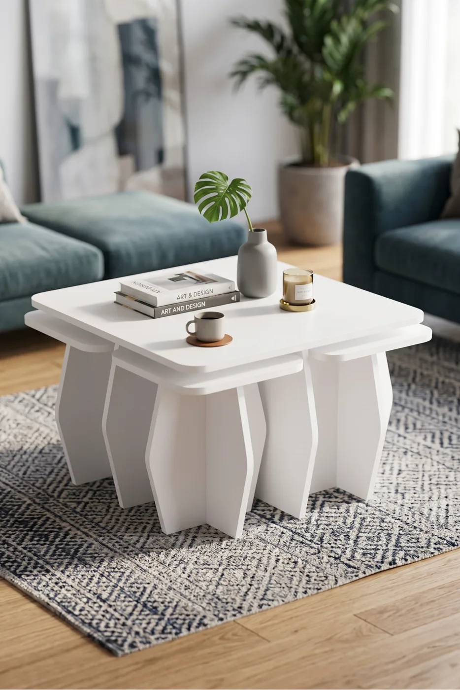 Orta Sehpa Ve Zigon Sehpa 5'li Set Modern Çok Amaçlı Salon Oturma Odası Yan Sehpa 9247 Beyaz