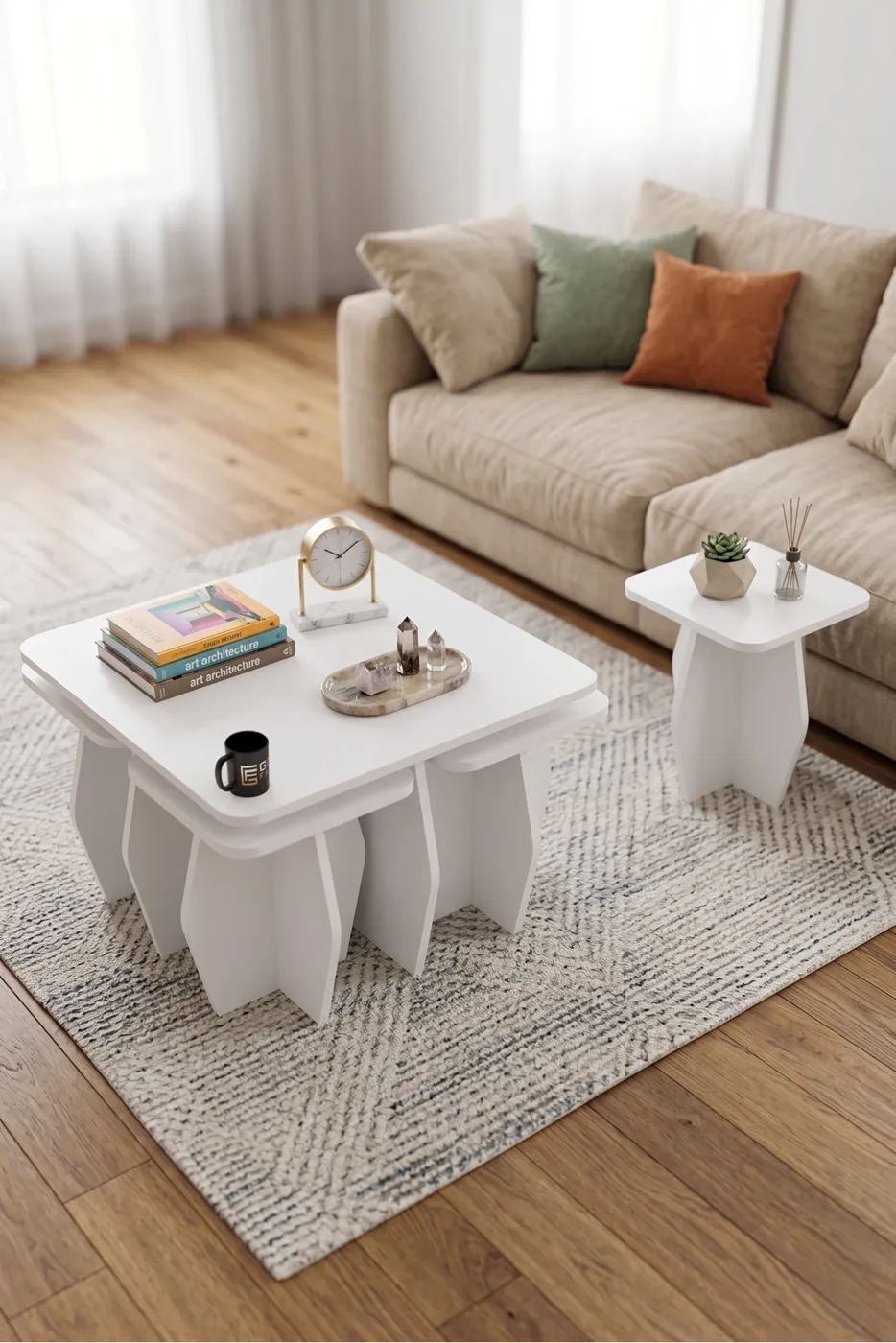 Orta Sehpa Ve Zigon Sehpa 5'li Set Modern Çok Amaçlı Salon Oturma Odası Yan Sehpa 9247 Beyaz