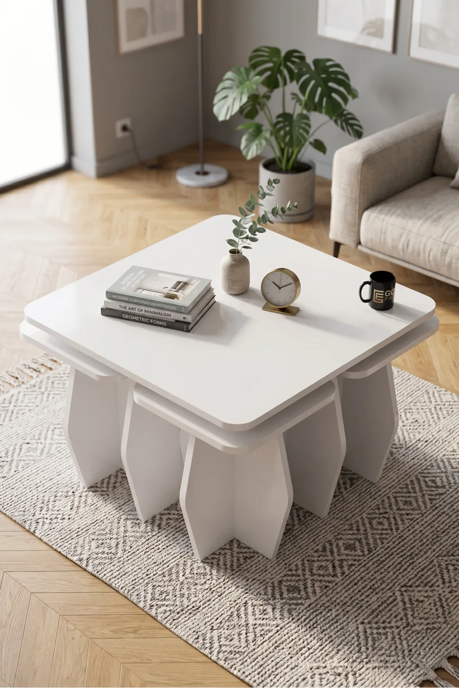 Orta Sehpa Ve Zigon Sehpa 5'li Set Modern Çok Amaçlı Salon Oturma Odası Yan Sehpa 9247 Beyaz