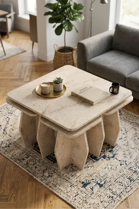 Orta Sehpa Ve Zigon Sehpa 5'li Set Modern Çok Amaçlı Salon Oturma Odası Yan Sehpa 9249 Traverten
