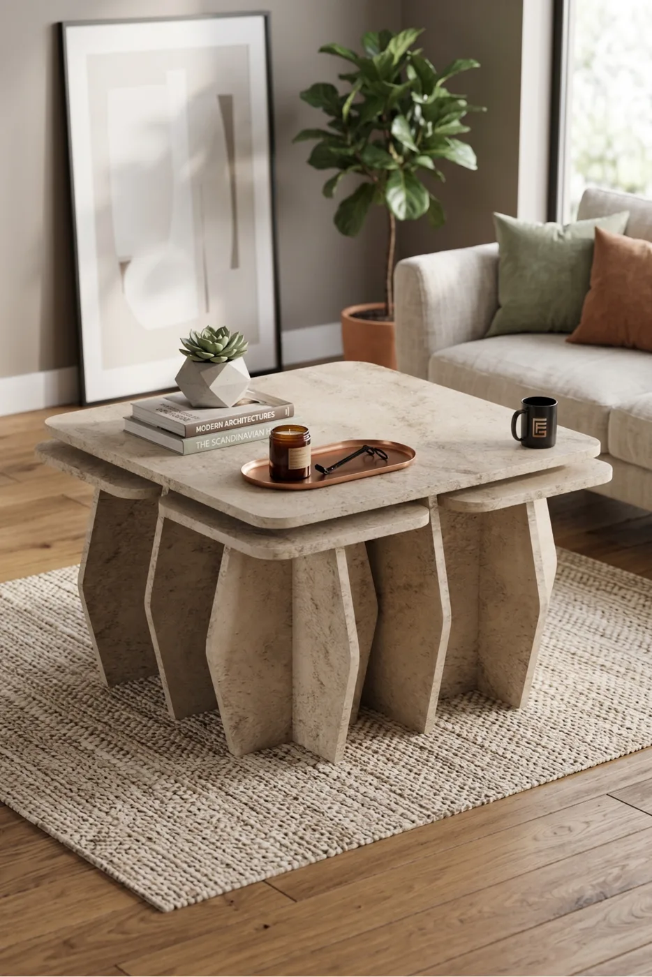 Orta Sehpa Ve Zigon Sehpa 5'li Set Modern Çok Amaçlı Salon Oturma Odası Yan Sehpa 9249 Traverten