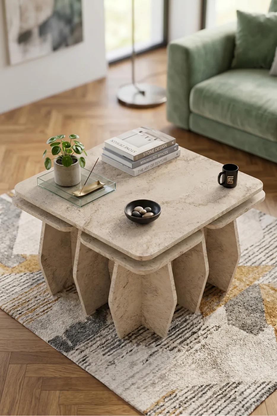 Orta Sehpa Ve Zigon Sehpa 5'li Set Modern Çok Amaçlı Salon Oturma Odası Yan Sehpa 9249 Traverten