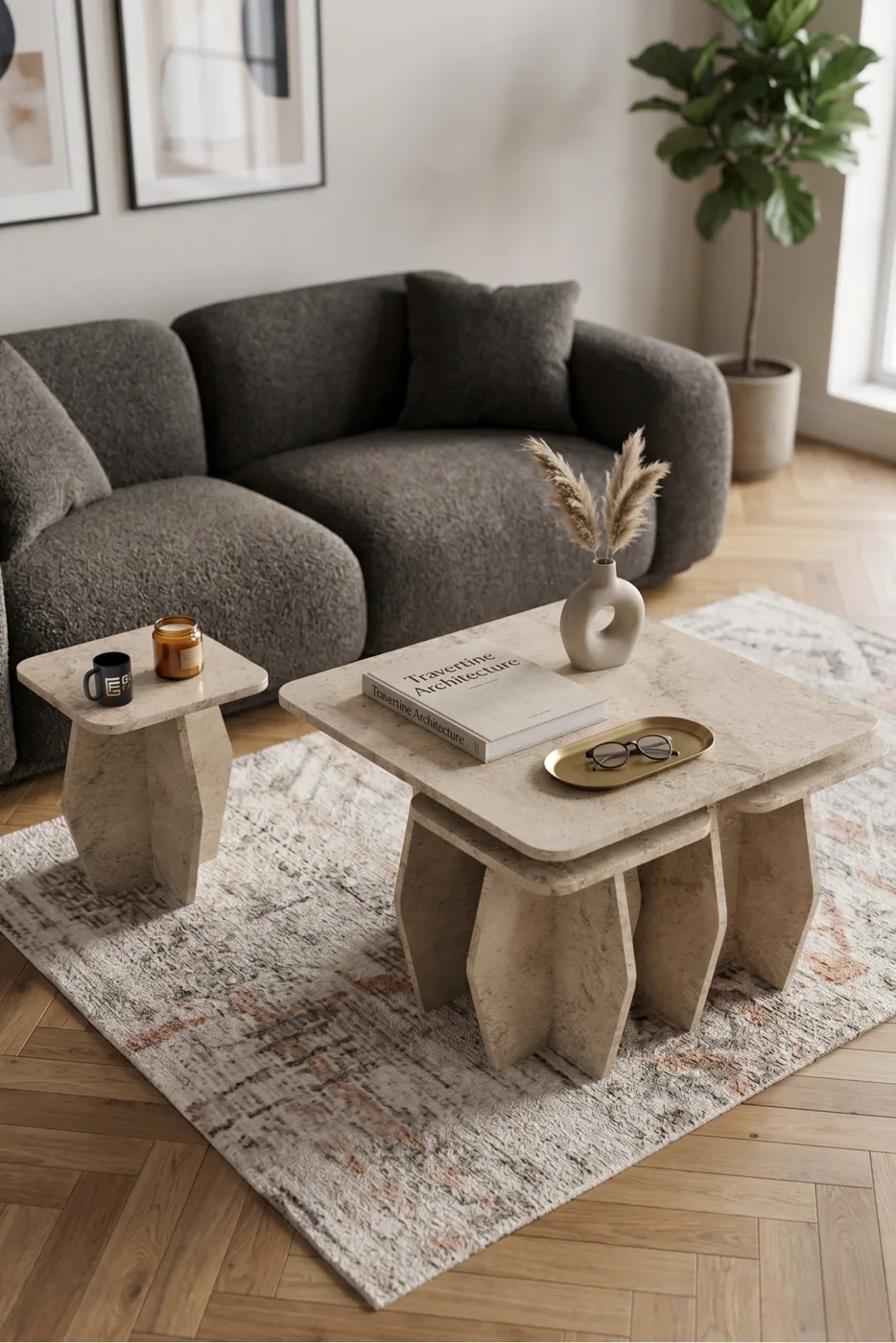 Orta Sehpa Ve Zigon Sehpa 5'li Set Modern Çok Amaçlı Salon Oturma Odası Yan Sehpa 9249 Traverten