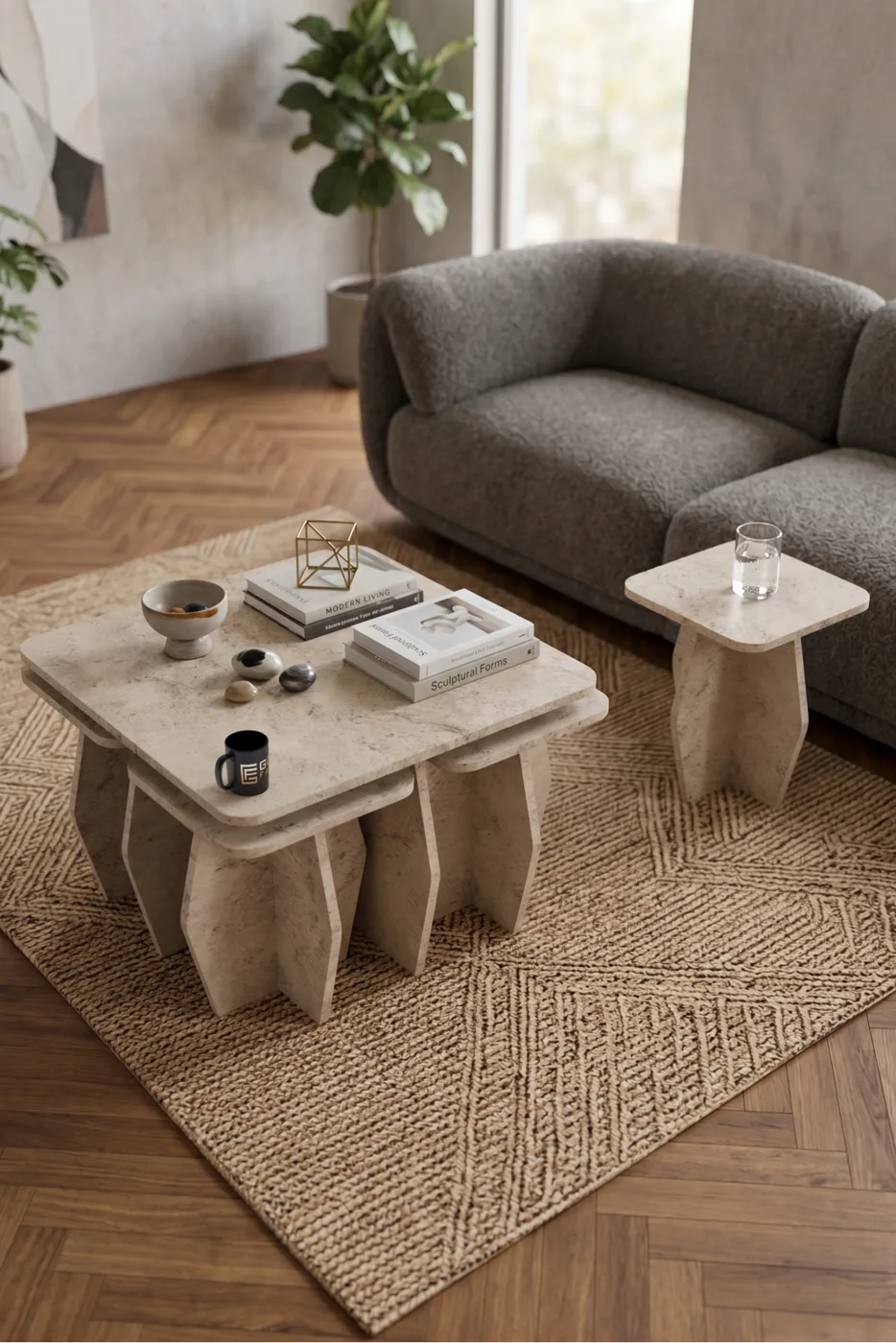 Orta Sehpa Ve Zigon Sehpa 5'li Set Modern Çok Amaçlı Salon Oturma Odası Yan Sehpa 9249 Traverten
