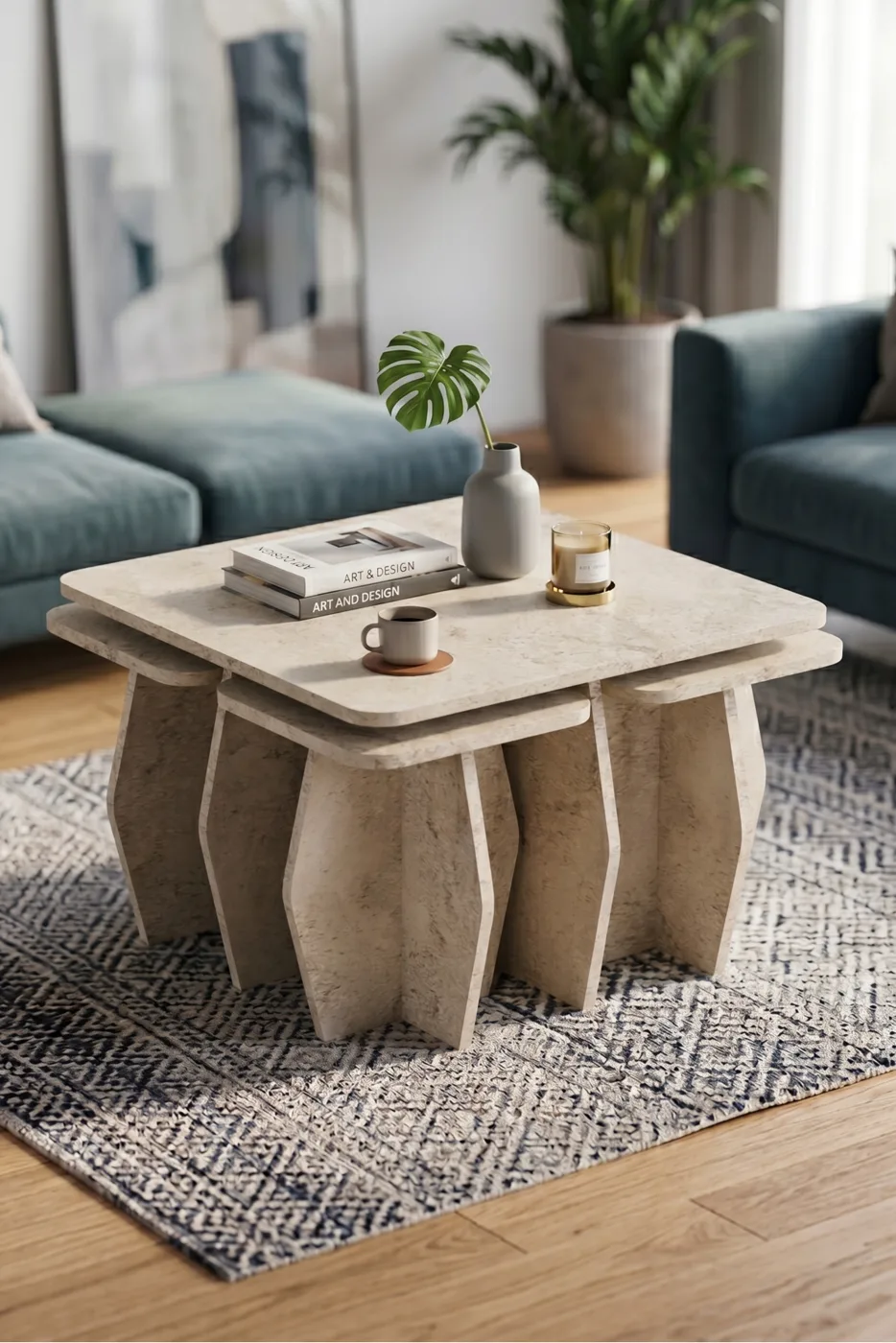 Orta Sehpa Ve Zigon Sehpa 5'li Set Modern Çok Amaçlı Salon Oturma Odası Yan Sehpa 9249 Traverten