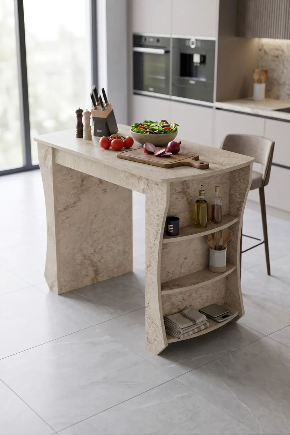 Kitchen Table Kitchen Island Island Table Bar Table Breakfast Table Shelved Multi-purpose Modern Table 120x60 cm 9835 Travertine