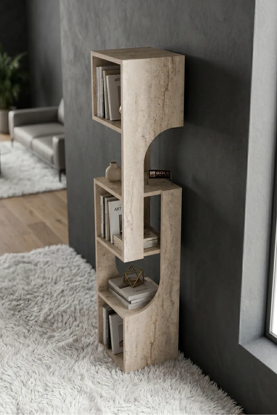 Kitaplık Ahşap Dekoratif Raf 5 Katlı Modern Çok Amaçlı Kitaplık Salon Ofis Kitaplığı 7065 Traverten