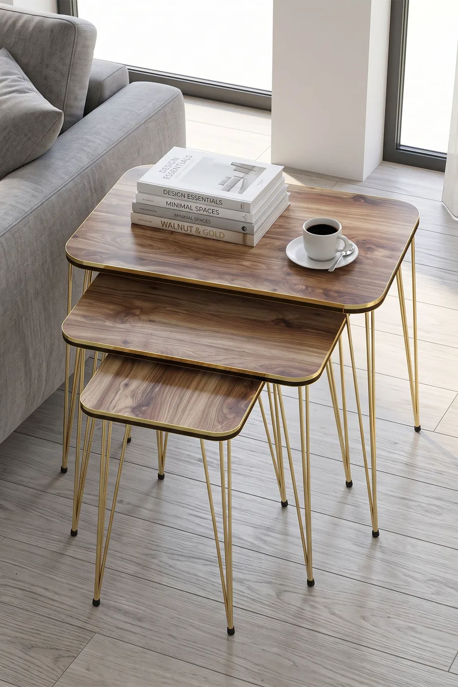 Nesting Table Square Pair Gold Walnut Wire