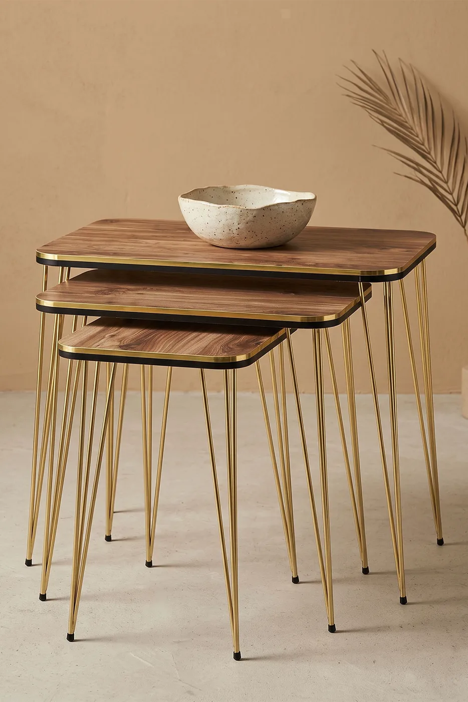 Nesting Table Square Pair Gold Walnut Wire