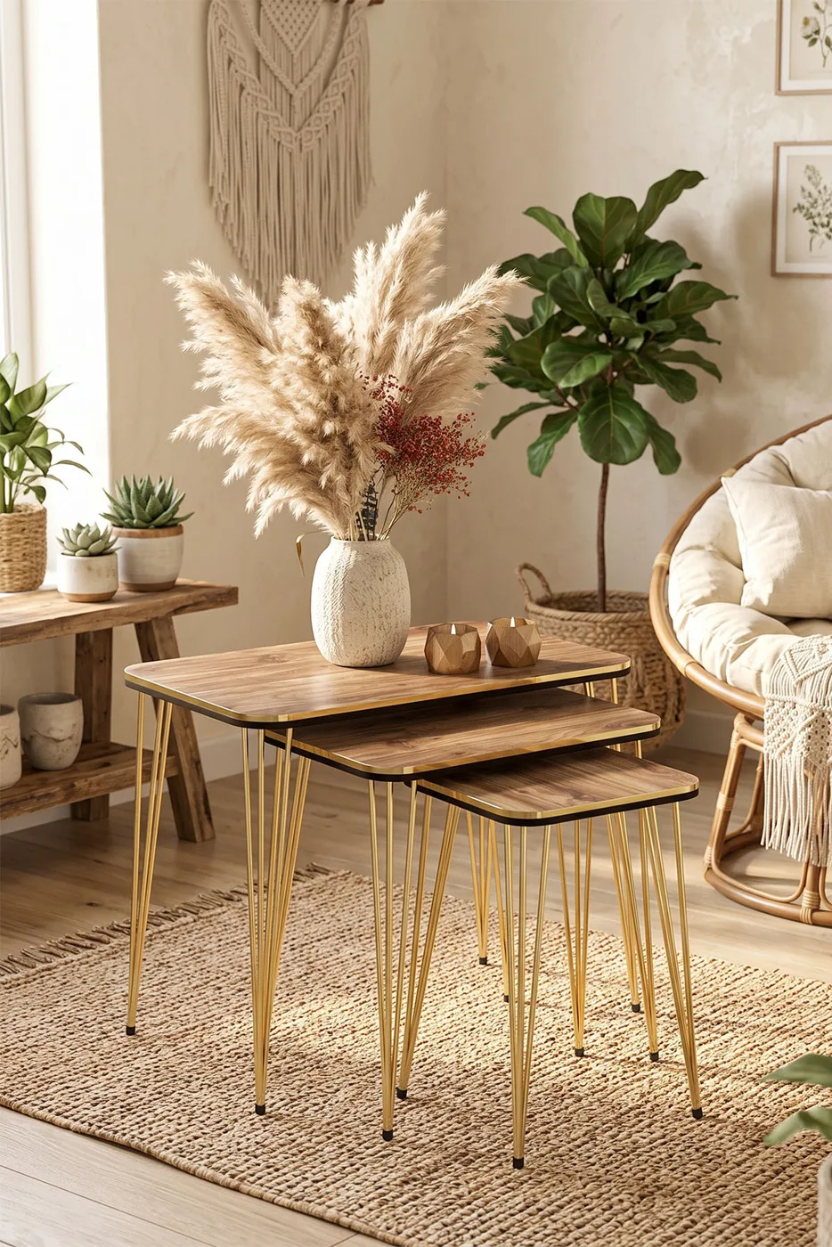 Nesting Table Square Pair Gold Walnut Wire