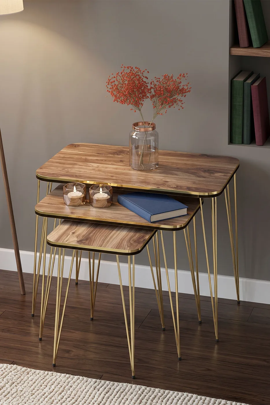 Nesting Table Square Pair Gold Walnut Wire
