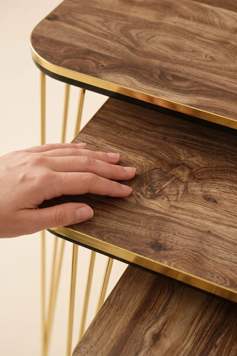 Nesting Table Square Pair Gold Walnut Wire