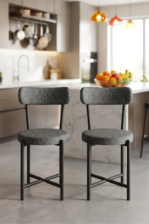 2-Piece Linen Fabric Metal Leg Modern Kitchen Chair for Cafe Balcony Office Teddy 9813 Anthracite