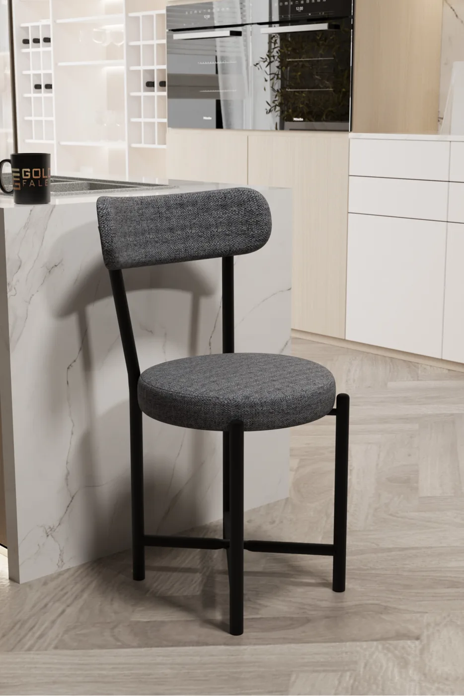 Sedia da cucina moderna singola Teddy 9816 in tessuto di lino con gambe in metallo per caffè, balcone, ufficio, grigio